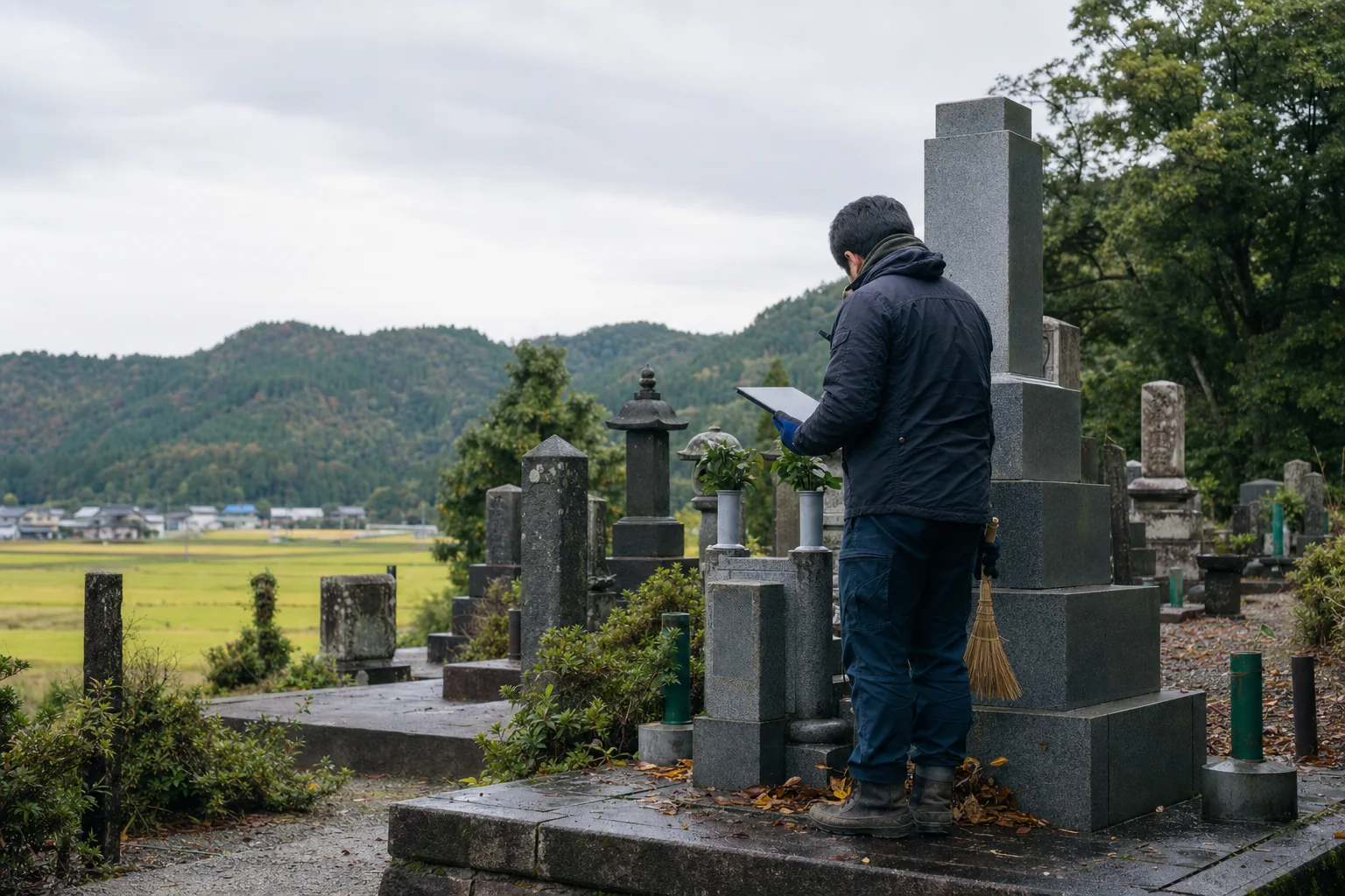 墓石と周辺の通路を現地で確認する訪問担当者